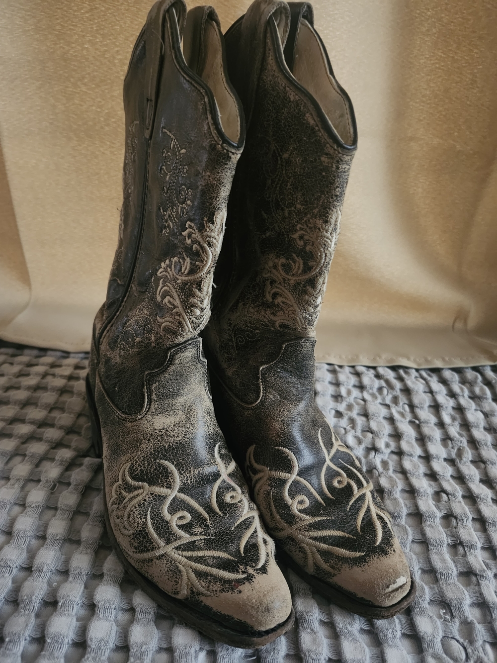 Old West Black and Tan Kids Cowboy Boots with Embroidered Detail